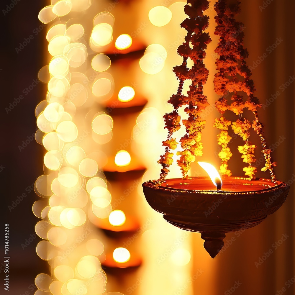 Poster a hanging lantern with a lit candle inside. the lantern is hanging from a string and is surrounded b