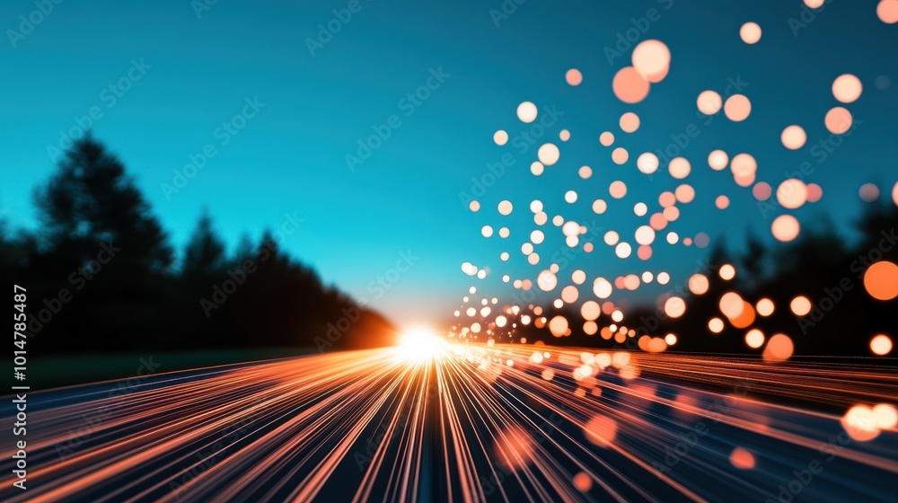 Poster a graphic representation of a 5g network, with data streams traveling at lightning speed.