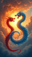 Fototapeta premium Fire and Water Dragons: Fantasy digital art depicting two elemental dragons - one representing fire and the other water - facing each other against a sunset backdrop, vertical wallpaper/background.