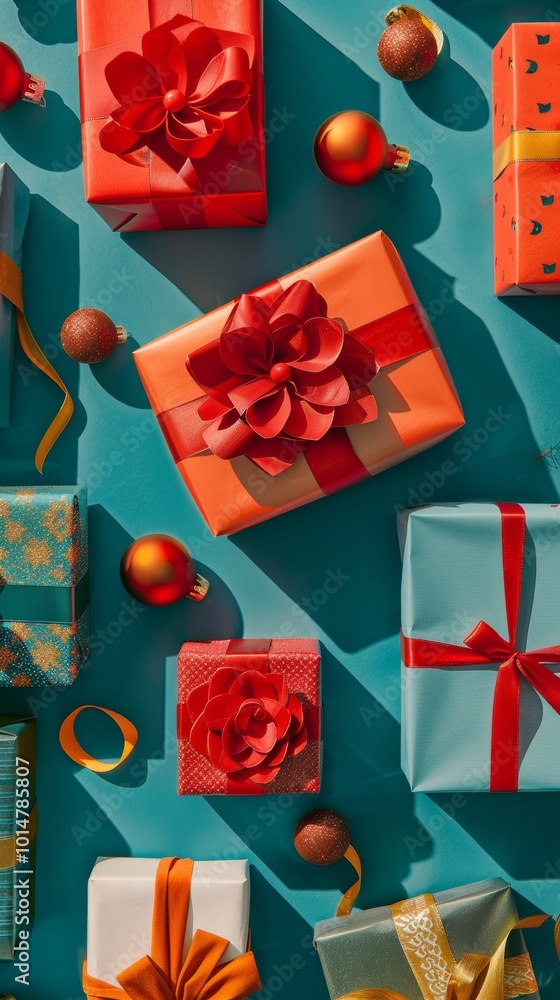 Poster a bunch of presents with red bows on them. the presents are of different sizes and colors. scene is 