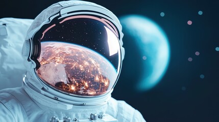 Fototapeta premium A close up of an astronaut helmet reflecting a breathtaking view of Earth, highlighting the human perspective on space exploration.
