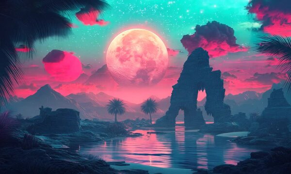 illustration of landscape with moon