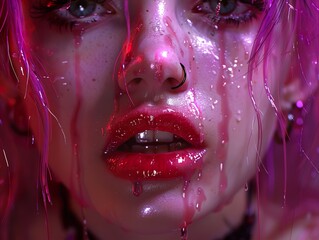 Glossy Dripping Portrait: Close-Up of a Woman with Pink Hair and Red Lips