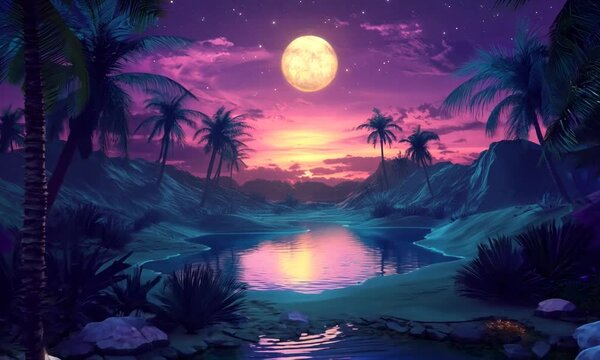 illustration of night landscape with moon and stars