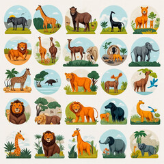 Fototapeta premium Vector illustration of African animals in flat style, showcasing bold colors and simple designs for zoo signage.