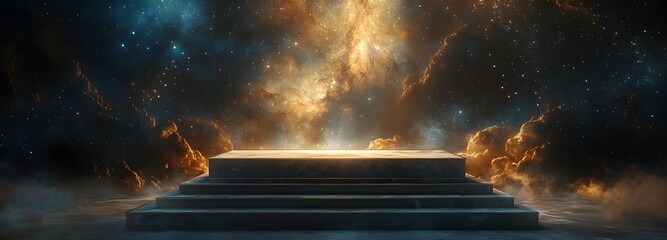 4. A surreal illustration of an altar-like podium floating in the vastness of outer space, with a dusky sky filled with stars and cosmic elements, inviting viewers into a realm of luxury and