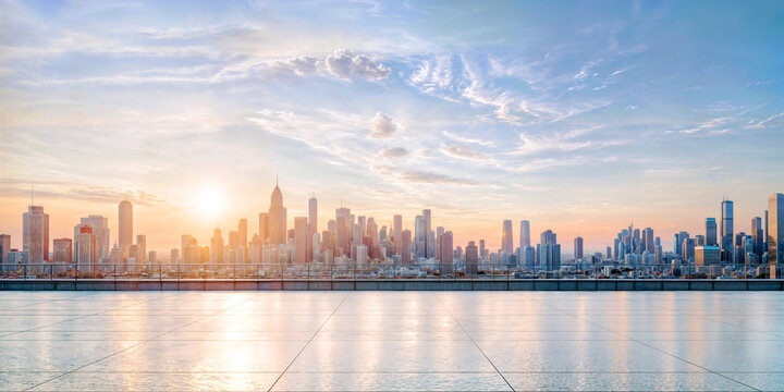 Empty floor and stunning view of city skyline, car backplate.