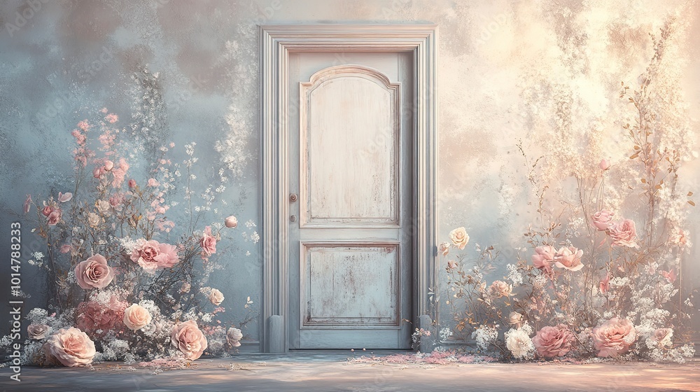 Wall mural delicate floral maternity or wedding backdrop with vintage door romantic photography background digital painting  