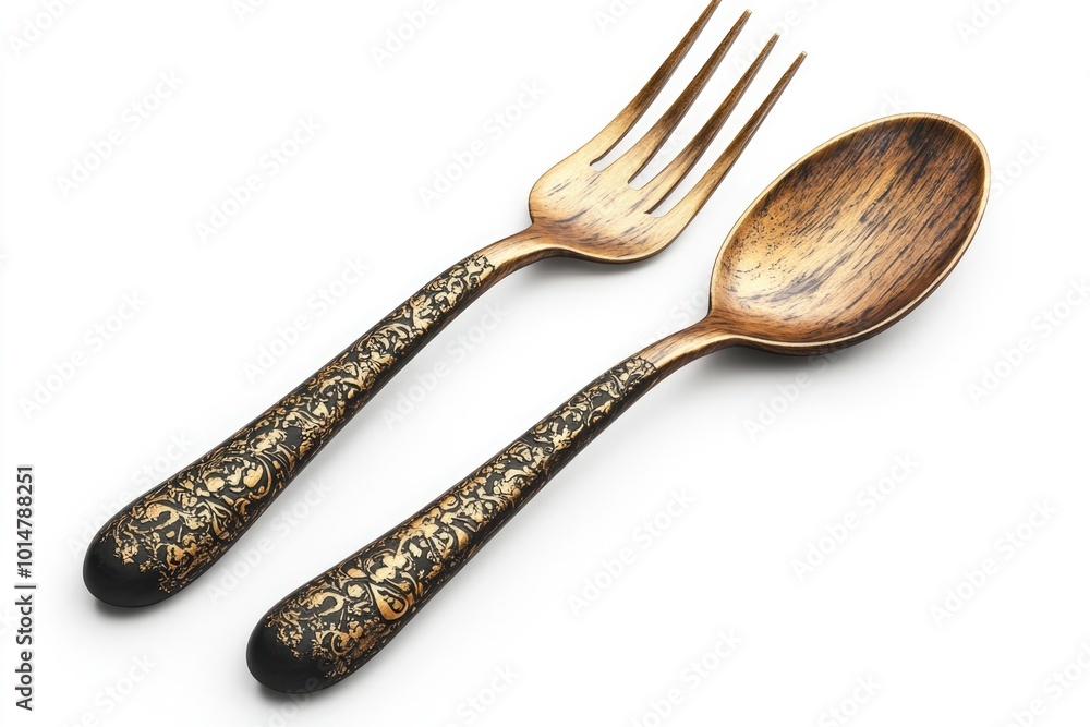 Aufkleber Two wooden spoons and a fork placed on a white surface, ready for use