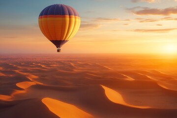 Fototapeta premium A hot air balloon soars over the vast, arid desert landscape at a serene sunset, offering a breathtaking aerial view.