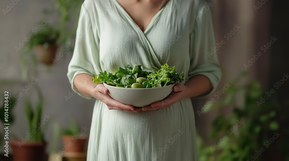 Sticker Young pregnant woman holding a bowl with green healthy salad. Healthy eating during pregnancy 