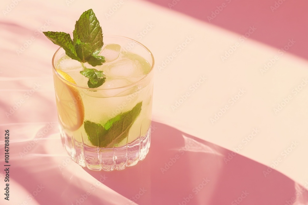 Poster refreshing drink with a slice of lemon and mint, perfect for warm weather