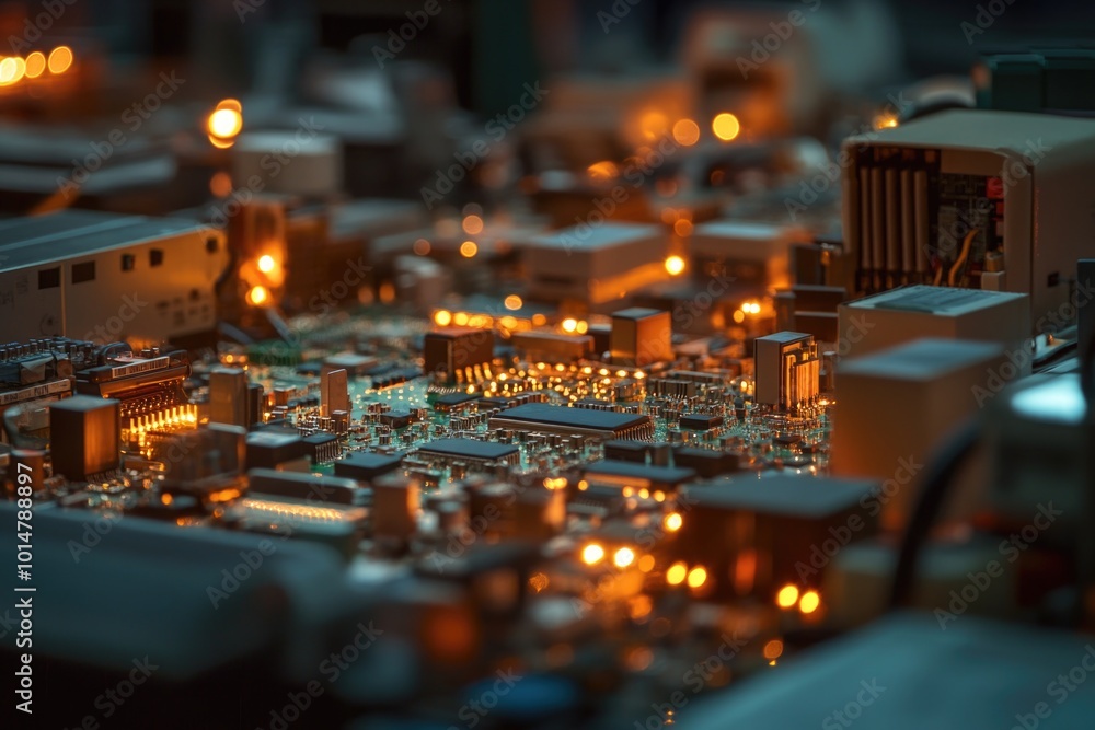 Poster Close-up shot of a circuit board with multiple lights and electronic components