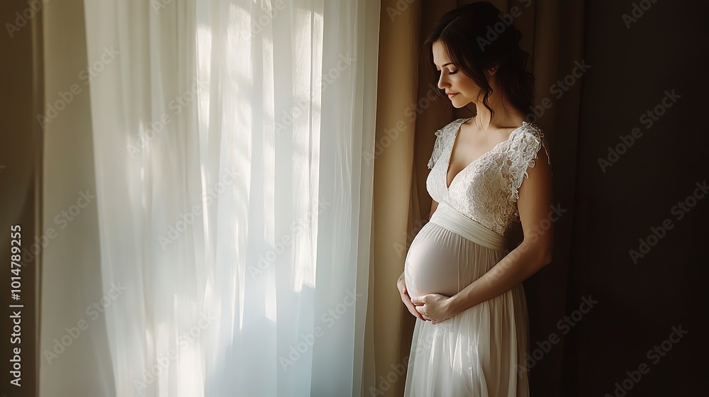 Wall mural Beautiful white pregnant woman stands at the window. Brunette pregnancy lady in white dress, holding hand on belly. Pregnancy banner 