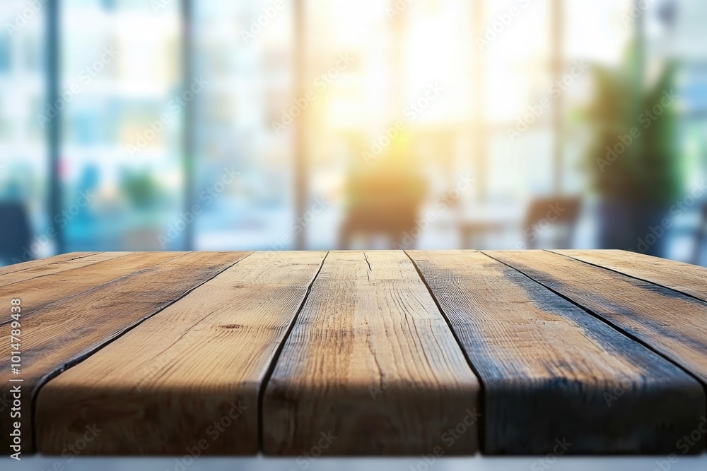 Poster a wooden table placed in front of a large window with natural light