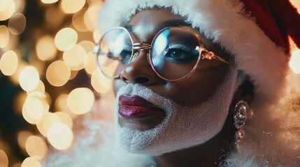 Woman wearing Santa hat and glasses for holiday or festive occasion