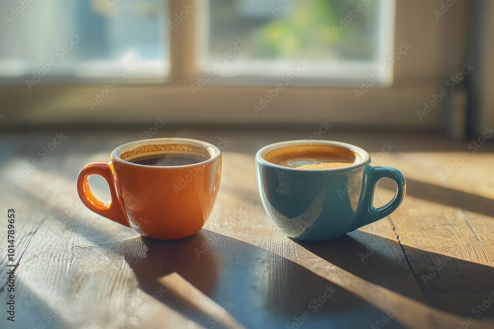 Canvas Prints A pair of coffee cups on a rustic wood surface, perfect for a cozy morning or afternoon pick-me-up