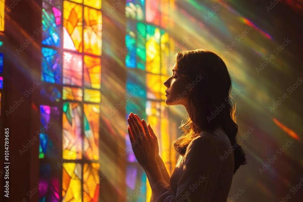 Poster a woman stands in front of a beautiful stained glass window, surrounded by colorful patterns and des