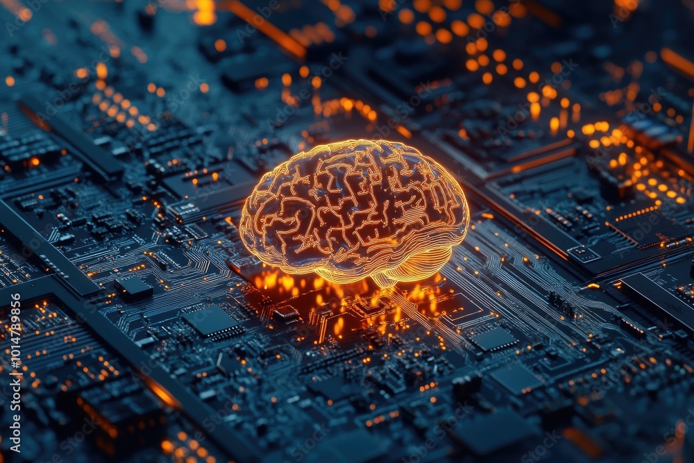 Aufkleber A computer motherboard with a glowing brain chip, great for tech and innovation concepts
