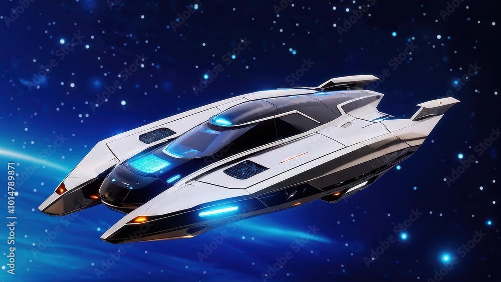 Poster a futuristic spaceship design with sleek lines and glowing accents in a starry space backdrop.