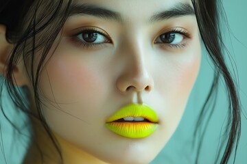 Woman with green lips and yellow earrings. She is wearing a yellow shirt. She is smiling. Korean woman wearing neon green lipstick paired with subtle neutral colors, haute-couture makeup design