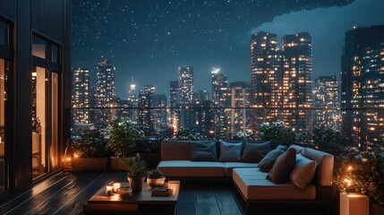 Cozy living room with modern furniture and cityscape view
