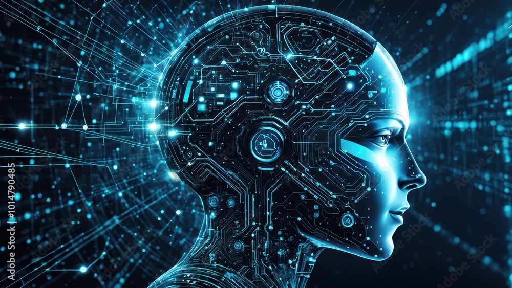 Poster a futuristic robotic head with digital circuits and data streams, symbolizing advanced technology.