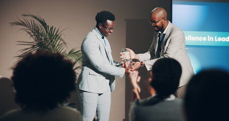 Happy, award and smile of men, seminar and congratulations for success, event and corporate. Thank you, professional and celebration of hard work, winning and podium of conference or prize for person