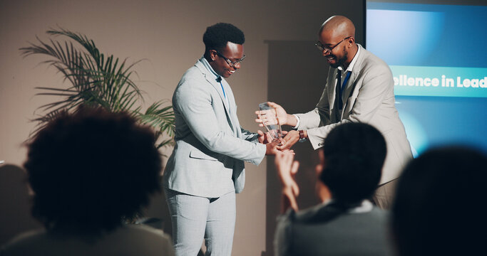 Happy, award and smile of men, seminar and congratulations for success, event and corporate. Thank you, professional and celebration of hard work, winning and podium of conference or prize for person