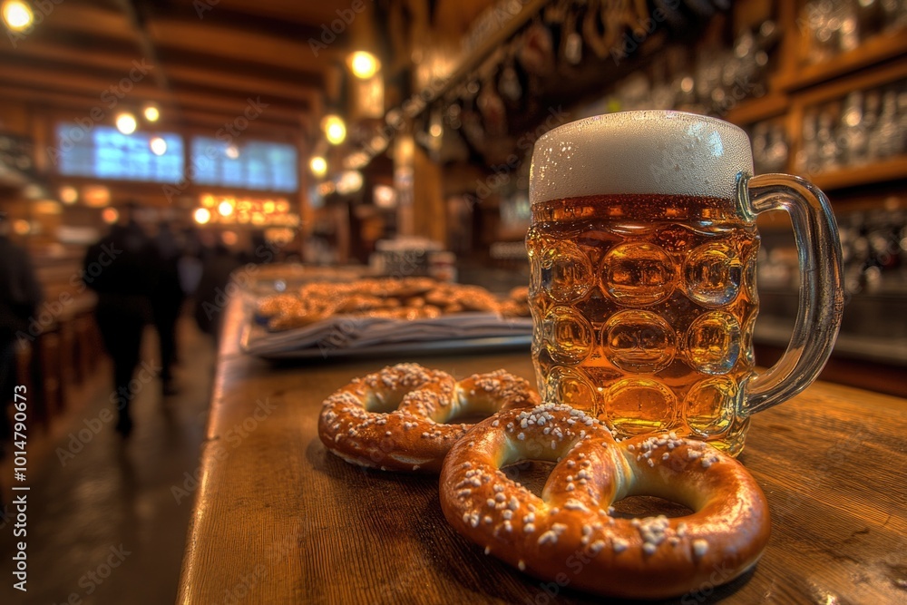 Poster a casual gathering with a mug of beer and some pretzels on a table