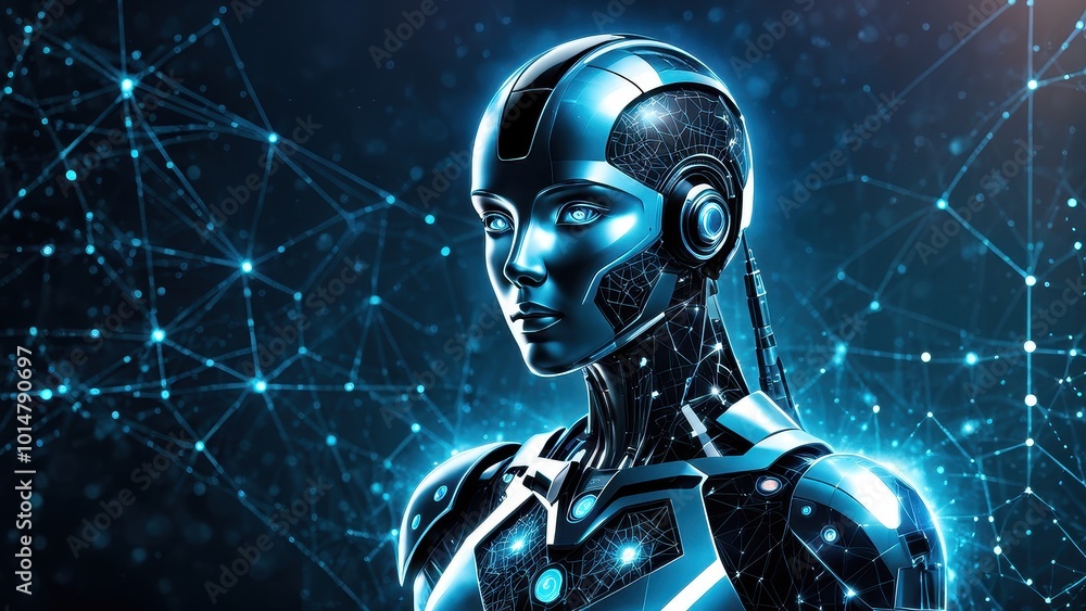 Poster a futuristic robotic figure with a digital network background, symbolizing advanced technology.