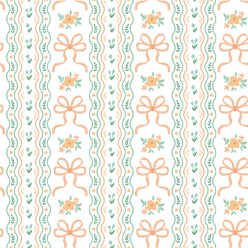 Soft pink and green coquette bows and ribbons seamless pattern. Vector floral grandmillennial vertical striped print, gentle cottagecore wallpaper, retro repeat background, bedroom decoration.