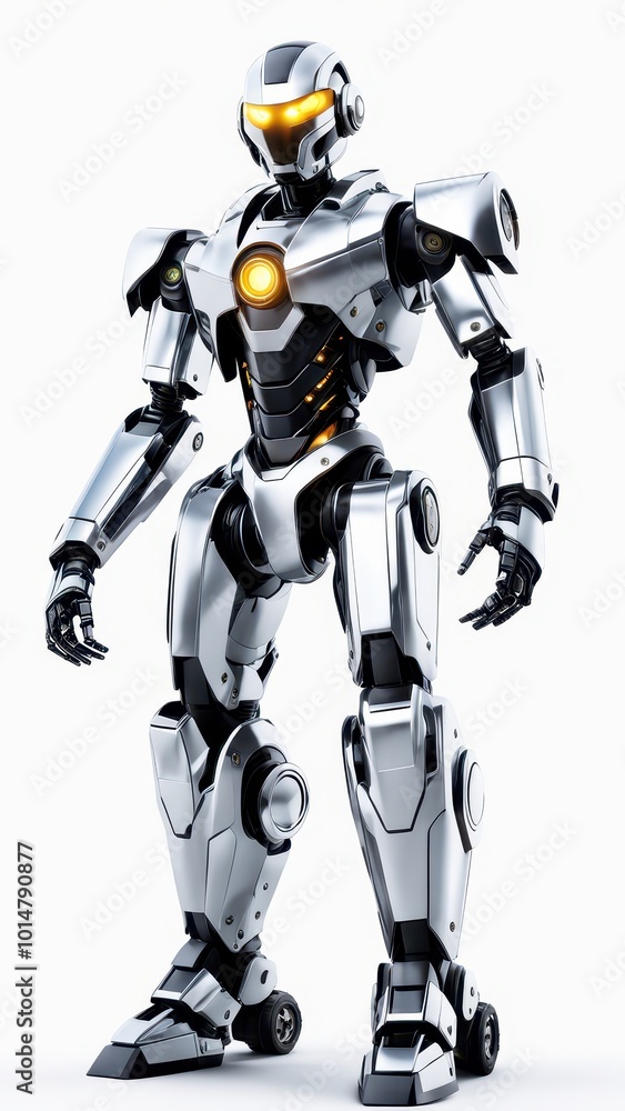 Poster a futuristic robot with a sleek design, featuring glowing elements and articulated limbs.
