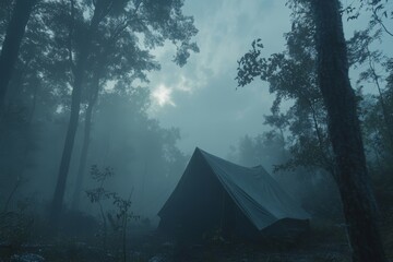Obraz premium Tent in a Misty Forest