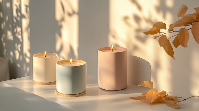 Softly lit pastel candles rest on a modern white table, surrounded by autumn leaves, creating a serene and cozy ambiance perfect for seasonal decoration.