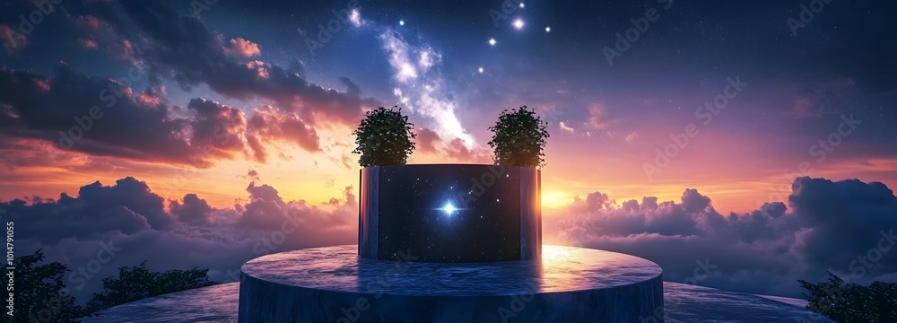 Poster 1. a breathtaking scene featuring an outer space altar product podium set against a twilight sky, wi