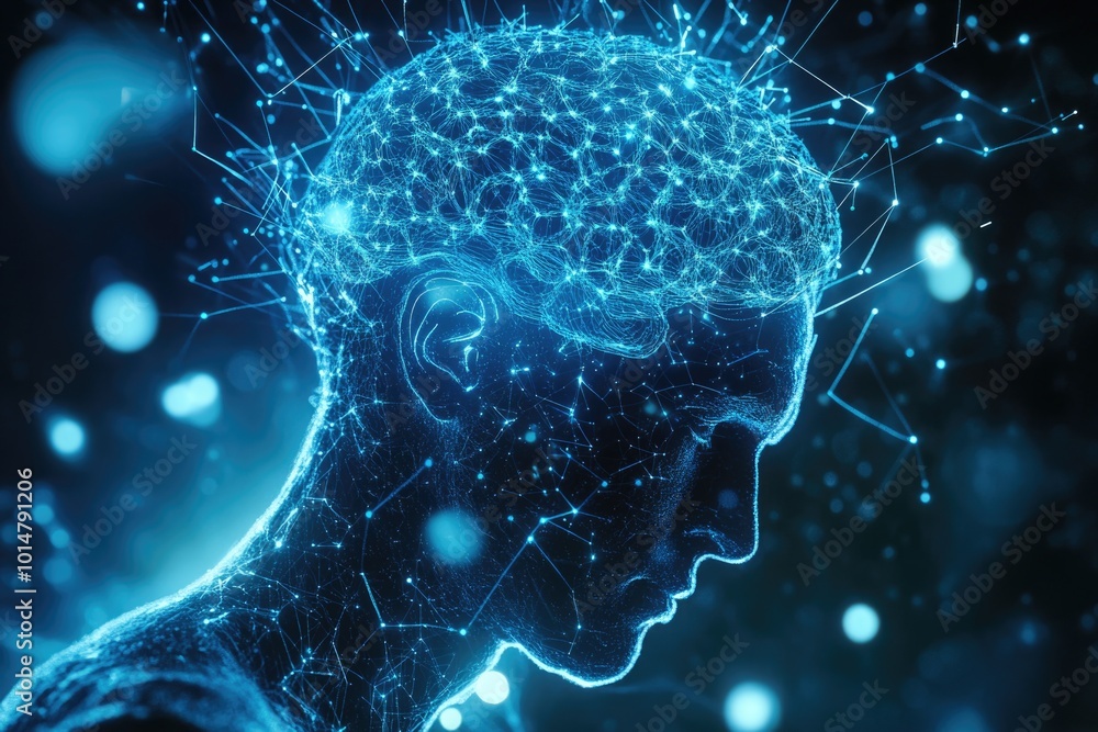 Poster a close-up of a person's face with a network of dots forming a brain pattern, great for education or