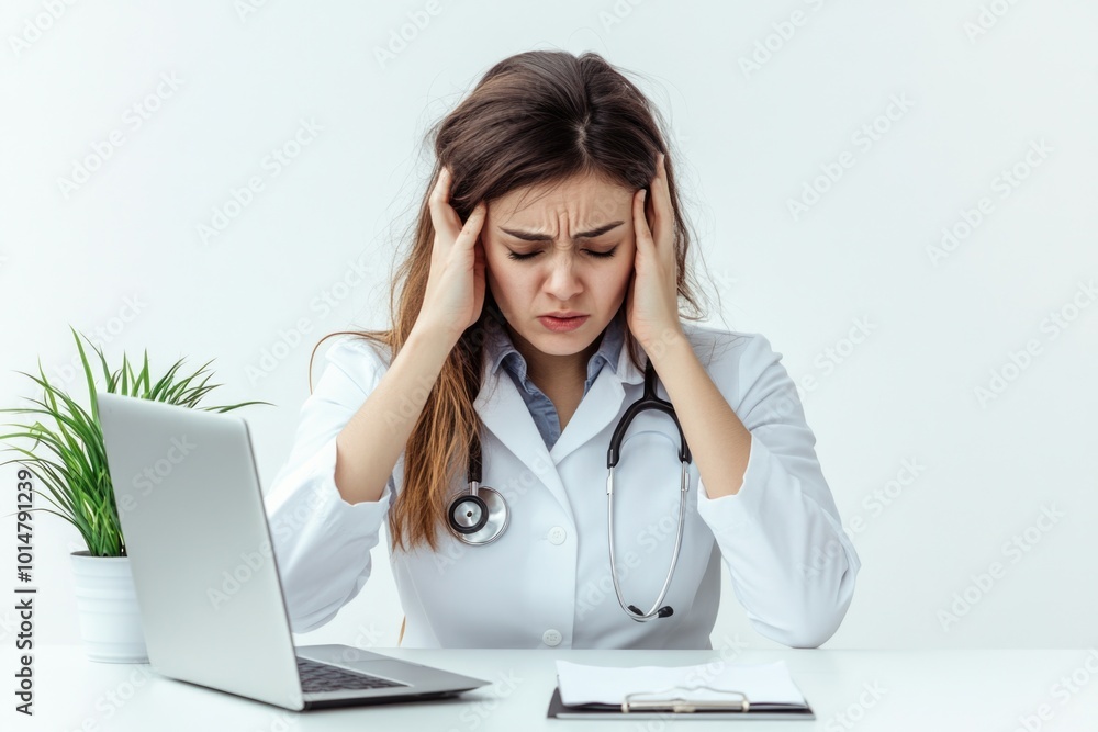 Aufkleber A doctor or medical professional working on a computer while wearing a lab coat and using a stethoscope