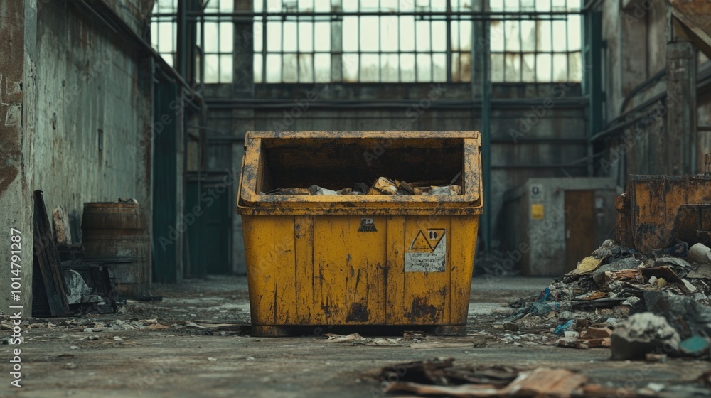 Poster a yellow trash can sits inside a building, suitable for use in scenes about waste management or urba