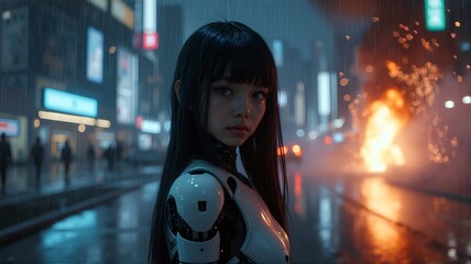 Naklejka premium Ultra-realistic still from the film of a robot girl looking at the camera against the backdrop of a night city, full-face, flying sparks, explosions, fire, fog and smoke, wet asphalt after rain