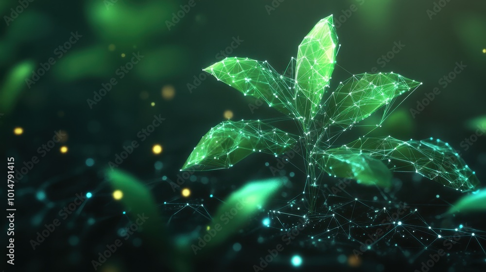 Poster a futuristic polygonal seedling representing green business development and technological growth.