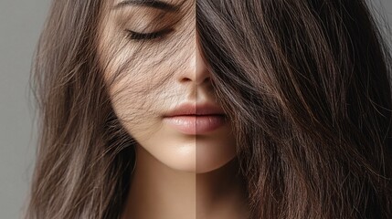 Woman's hair regrowth before and after hair treatment, closeup.