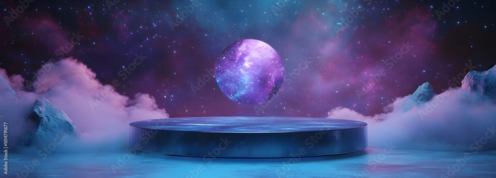Poster 3. a mystical depiction of a product podium situated in an otherworldly space setting at dusk, surro