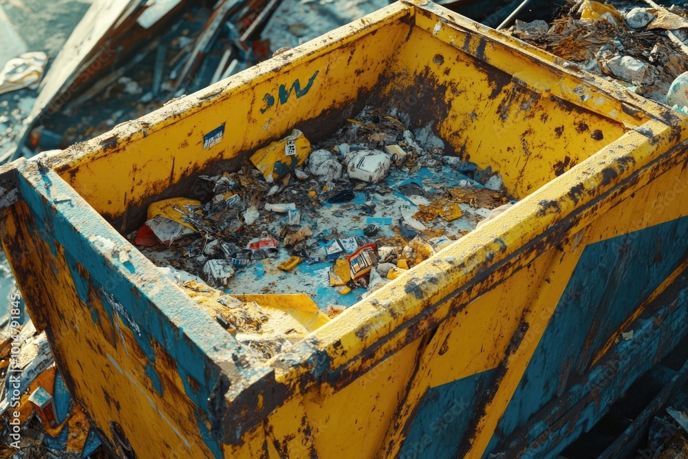 Aufkleber a yellow dumpster overflowing with waste and debris