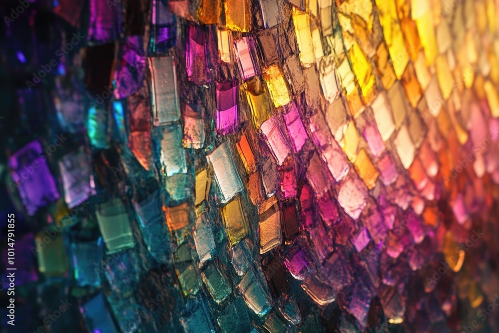 Poster a close-up shot of a vibrant, multicolored glass wall with intricate details and patterns