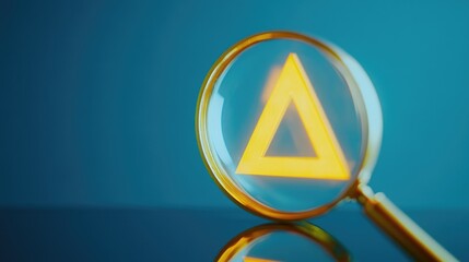 A close-up view of a magnifying glass with a bright yellow triangle inside