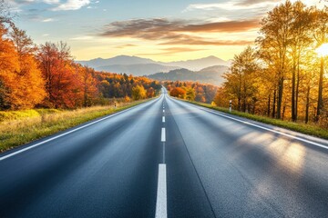 Black asphalt road landscape at sunset in beautiful colorful nature. Highway scenery among mountains in autumn season. Nature landscape on beautiful road in colorful fall - generative ai