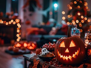 Glowing Jack-o'-Lantern in Festive Halloween Decorated Room