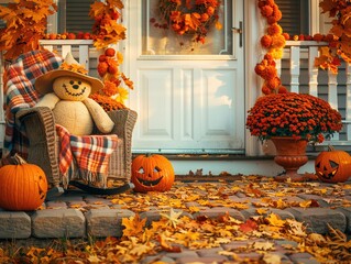 Cozy Autumn Porch with Scarecrow and Pumpkins