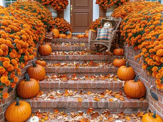 Festive Autumn Staircase with Pumpkins and Mums